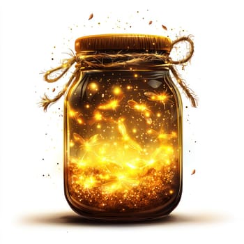 A glowing jar filled with fireflies emits warm golden light, evoking magical summer night