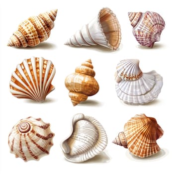 A collection of colorful seashells with intricate patterns and textures, displayed on white background