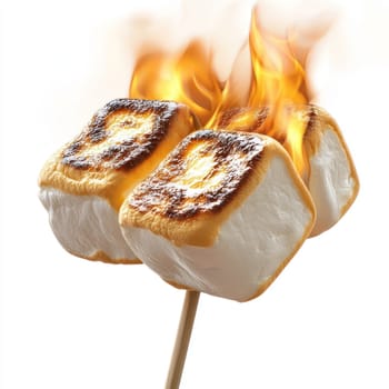 A Toasted marshmallows on stick with flames, evoking cozy and fun summer campfire vibe
