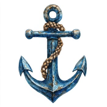 A Rustic blue anchor with rope wrapped around it, isolated on white background, evoking nautical and vintage charm