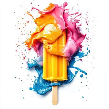 A vibrant yellow popsicle with splashes of pink and blue paint creates dynamic and colorful composition