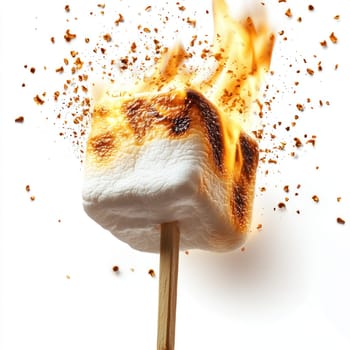 A Toasted marshmallow on fire with wooden stick, surrounded by flying caramelized sugar bits, isolated on white