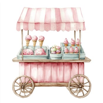 A Vintage ice cream cart with pink striped canopy, pastel treats, and wooden wheels, evoking nostalgic charm