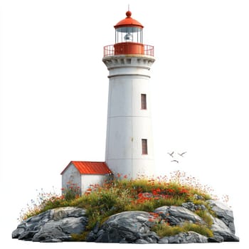 A white lighthouse with red roof and lantern stands rocky hill covered vibrant grass and flowers, with birds flying nearby