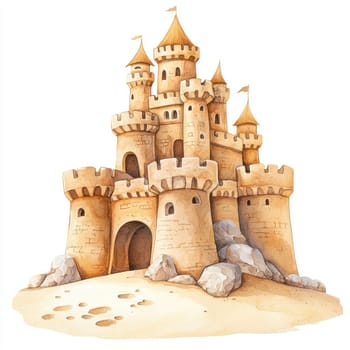 A whimsical watercolor sandcastle with towers and flags, surrounded by rocks and sand, evoking playful summer vibe