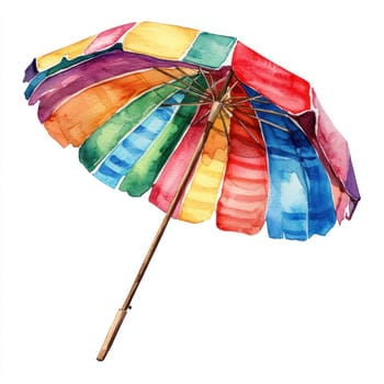 A Colorful striped beach umbrella with wooden pole, painted in vibrant watercolor style, isolated on white background