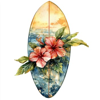 A Watercolor surfboard with hibiscus flowers and tropical leaves, evoking vibrant and summery beach vibe