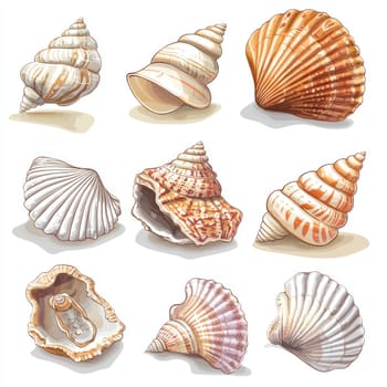 A collection of colorful seashells on white background, showcasing intricate patterns and textures, evoking summer vibe