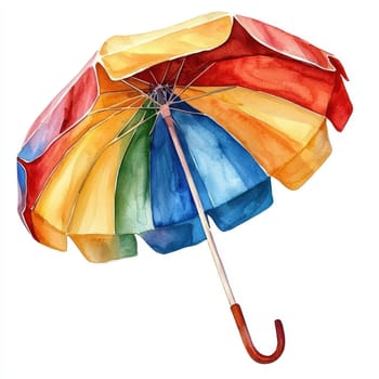 A Colorful striped beach umbrella with wooden handle, painted in vibrant watercolor style