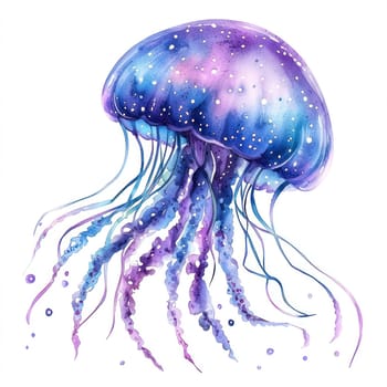 A vibrant watercolor jellyfish with bioluminescent hues of purple and blue, isolated on white background