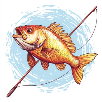 A vibrant fish caught on fishing rod with dynamic splash background, evoking excitement and summer vibes