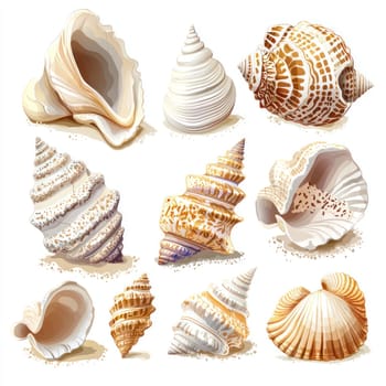 A collection of seashells with intricate patterns and textures on white background, evoking summer beach vibe