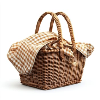 A woven picnic basket with checkered cloth draped over it, evoking warm and inviting summer vibe