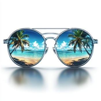 A pair of stylish sunglasses reflecting serene tropical beach with palm trees, blue sky, and calm ocean waves