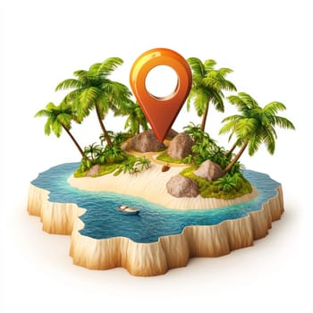 A tropical island with location pin, surrounded by palm trees, sandy beaches, and clear blue water, evoking sense of adventure