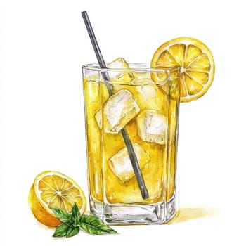 A refreshing glass of lemonade with ice cubes, straw, lemon slices, and mint leaves on white background