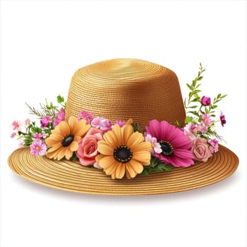 A straw sun hat adorned with vibrant flowers, perfect for summer fashion and outdoor activities