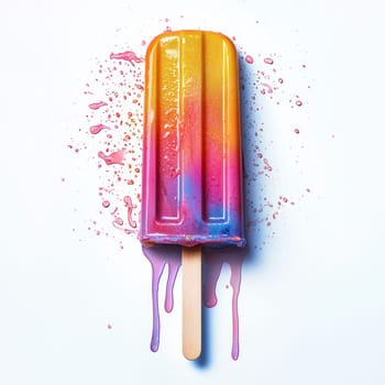 A vibrant melting popsicle with colorful drips on white background, evoking playful summer vibe