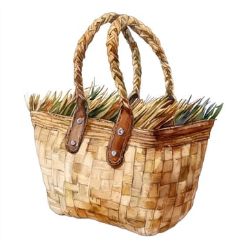 A woven straw beach bag with leather straps, filled with colorful items, exudes summery and natural vibe