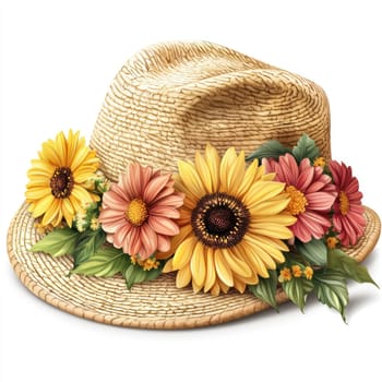 A straw sun hat adorned with vibrant sunflowers and daisies, evoking cheerful summer vibe