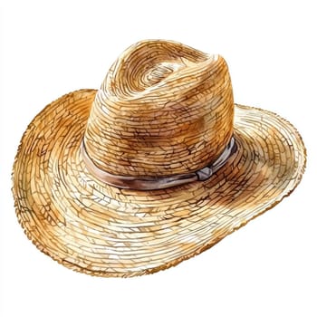 A watercolor depiction of wide brim straw hat with intricate texture and brown band, isolated on white background