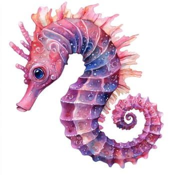 A Delicate watercolor seahorse with vibrant pink and purple hues, intricate details, and whimsical design