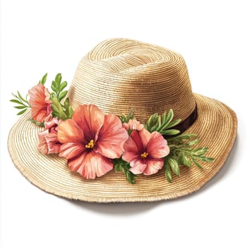A straw sun hat adorned with vibrant pink flowers and green leaves, perfect for summer vibes