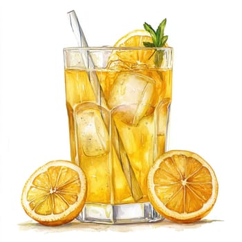 A refreshing glass of lemonade with ice cubes, straw, lemon slices, and mint garnish on white background