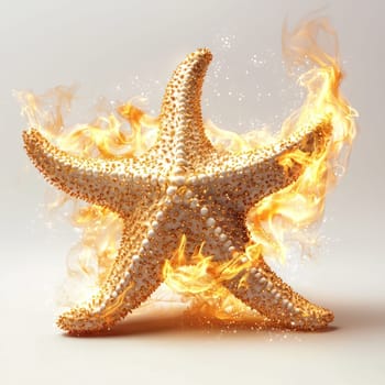 A textured starfish with fiery glow, surrounded by flames and sparkles, creating dynamic and vibrant summer vibe