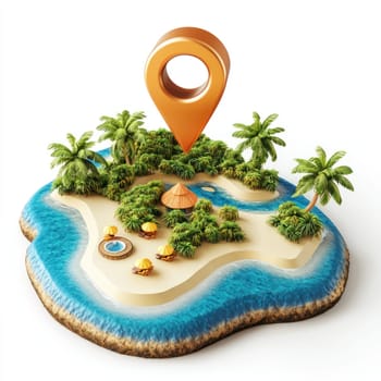 A tropical island with location pin, surrounded by blue water, palm trees, and beach chairs evokes summer vacation vibe