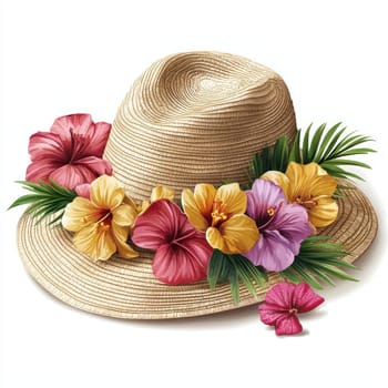 A straw sun hat adorned with vibrant tropical flowers and green leaves, evoking cheerful summer vibe