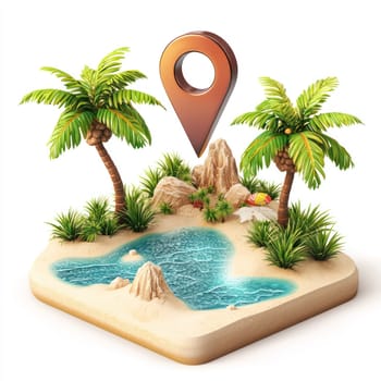 A tropical island with palm trees, small lagoon, and location pin evokes sense of summer adventure