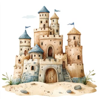 A charming watercolor sandcastle with blue and beige towers, surrounded by sand and small plants, evokes whimsical seaside vibe