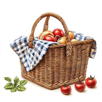 A woven picnic basket filled with apples and tomatoes, adorned with blue checkered cloth, evokes fresh and rustic charm