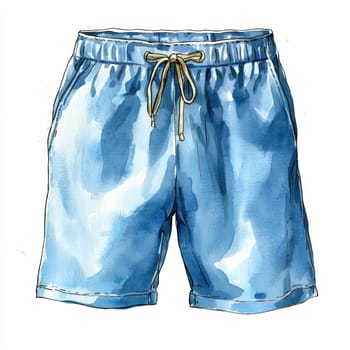 A Blue swimming trunks with drawstring, watercolor style, isolated on white background