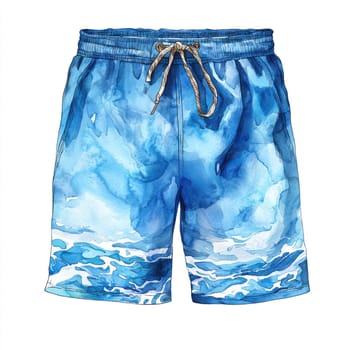 A Blue swimming trunks with watercolor ocean wave design and drawstring waistband, evoking summery and refreshing vibe