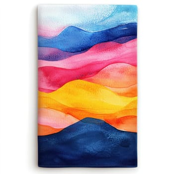 A Colorful folded beach towel with vibrant watercolor mountain pattern, blending blue, pink, orange, and yellow hues