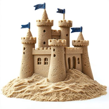 A detailed sandcastle with blue flags on towers, evoking summer fun and creativity on beach