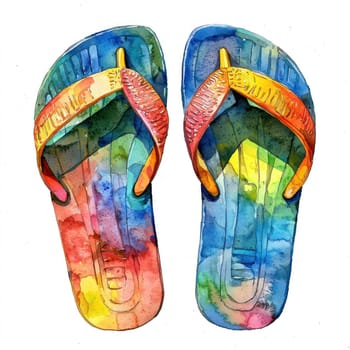 A Colorful watercolor flip flops with vibrant rainbow hues, isolated on white background