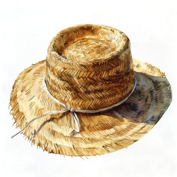 A natural straw hat with wide brim and tied ribbon, painted in watercolor style on white background