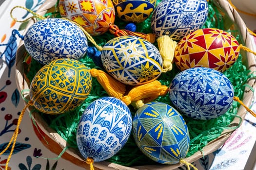 A woven basket brimming with beautifully crafted Easter eggs featuring vibrant Ukrainian pysanky designs, showcasing intricate patterns that celebrate the artistry of springtime.