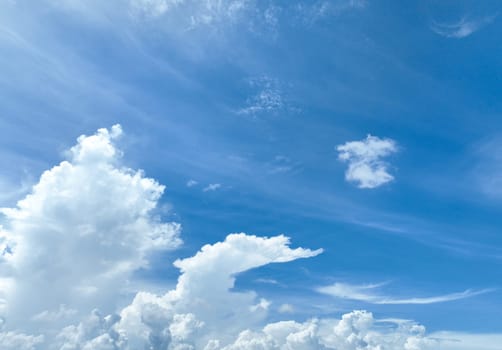 Beautiful blue sky and white cumulus clouds abstract background. Cloudscape background. Blue sky and fluffy white clouds on sunny day. Blue sky and daylight. World Ozone Day. Ozone layer. Summer sky.