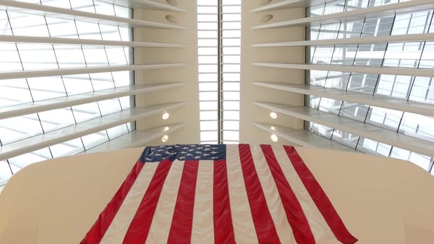 New York City, United States - 10 Sept 2023: World Trade Center Oculus architecture. Manhattan Downtown Financial District, USA. September 11 remembrance, large memorial american flag. 911 Patriot day