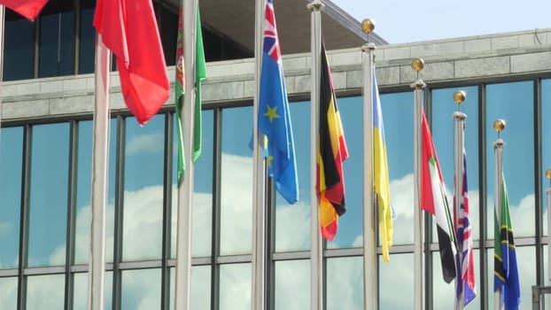 New York City, United States - 12 Sept 2023: United Nations UN Headquarters, Manhattan Midtown, USA. Diplomatic political international organization. Flags row for General Assembly conference session.