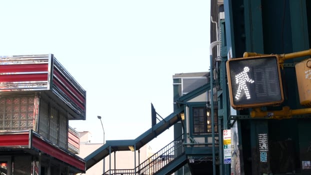 New York City, United States, 1 Sept 2023: Elevated subway, metropolitan bridge, metro track over street. Railway transport over road. Diner restaurant. Queens railroad line, Court Square, Long Island