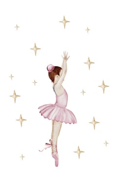 Ballerina watercolor. Hand drawn incredible girl dancer in pink tutu skirt surrounded by stars. Clip art on isolated white background of cute ballet beauty. Perfect for poster and cards, princess daughter room design. High quality illustration