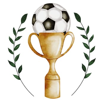 Soccer ball and prize cup. Hand drawn football composition. Clip art of championship equipment on isolated white background. Ideal for posters, flyers and game posters. High quality illustration