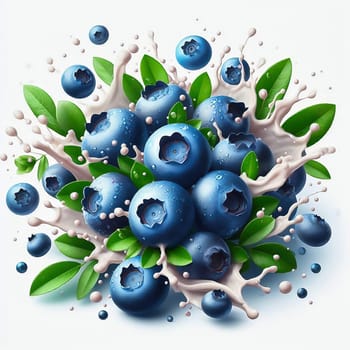 Fresh, blueberries with green leaves and drops of water in dynamic movement, emphasizing the freshness, liveliness and attractiveness of the fruit.
