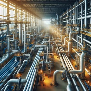 Futuristic industrial plant with complex pipelines, valves and towers, illuminated by warm sunlight. Technological infrastructure in perfection.