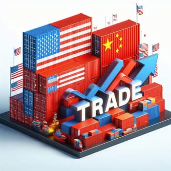 Container with flags of the USA and China. “TRADE” symbolizes international trade, growth and customs duties. Perfect for business images!